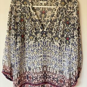 Joie Boho Printed V-Neck Women’s Top in Ivory and Blue